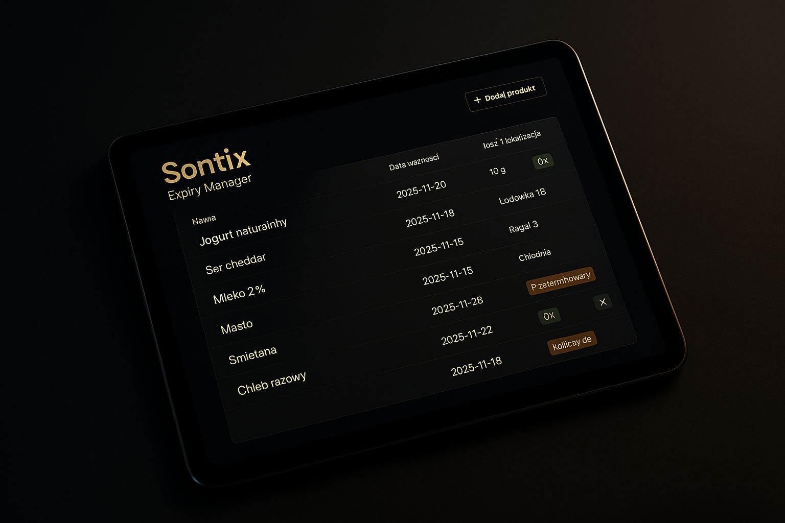 Panel Sontix Expiry Manager na tablecie